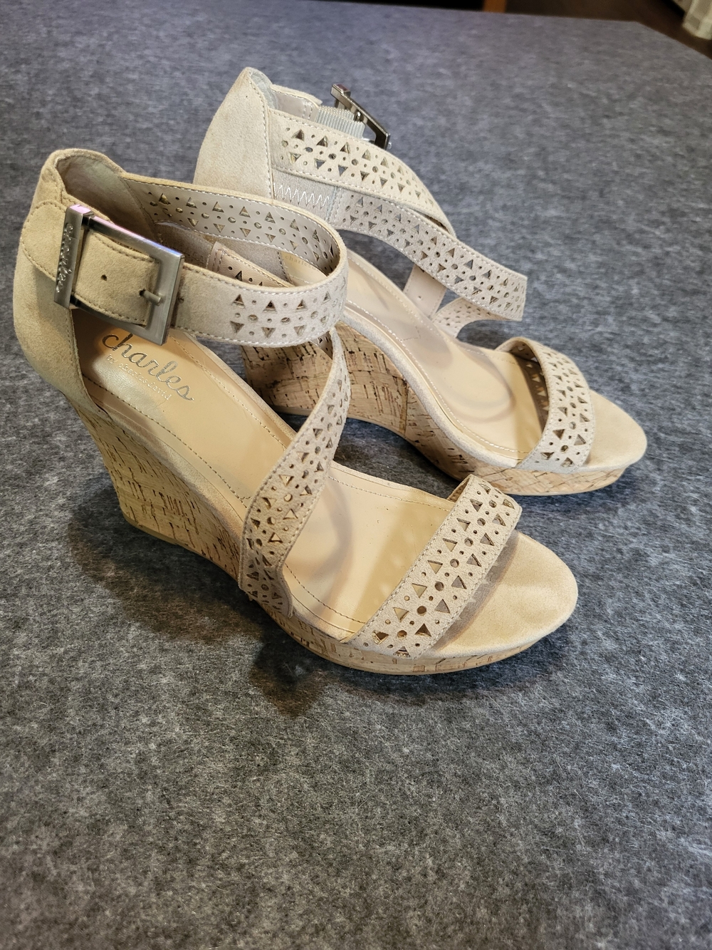 Charles by Charles David Beige Laser-Cut Wedge Sandals - Picture 2 of 6